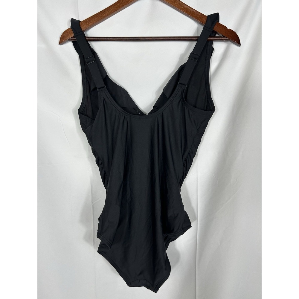 DKNY Womens Ruffle Plunge V-Neck One Piece Swimsuit Solid Black‎ Size M NWT - Picture 2 of 8
